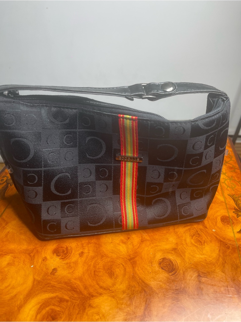 Black Signature Pattern Shoulder Bag with Red-Orange Stripe